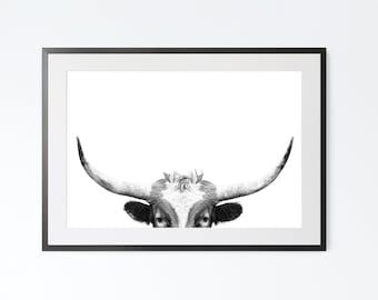 FRAMED Texas Longhorn Print, Black And White Animal Poster, Steer Print, Longhorn Bull Head, Modern Farmhouse, Ranch Decor, US Cattle,