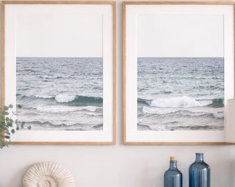 Ocean Diptych Wall Art Set of 2, Matching Coastal Prints, Framed Wave Pair, Neutral Beach House Decor, Hamptons Artwork