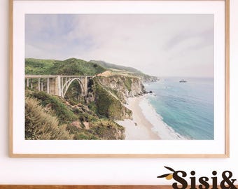 Big Sur Wall Art, California Coastal Landscape Print, Bixby Bridge Ocean Photography, Large Neutral Beach House Decor