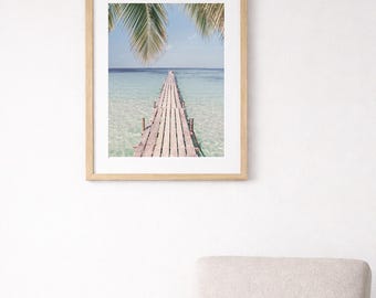 Tropical Beach Wall Art Print, Palm Tree Pier Ocean Photography, Coastal Giclee Print, Framed Beach House Decor