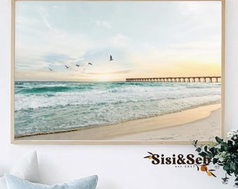 Oversized Coastal Wall Art, Extra Large Ocean Pier Print, Big Florida Beach Sunset Canvas, Statement Beach House Decor