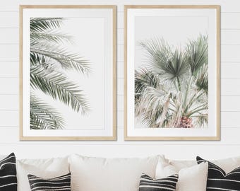 Statement Palm Leaf Wall Art Set – Neutral Coastal Boho Decor, Framed Tropical Prints for Light & Airy Living Room or Bedroom
