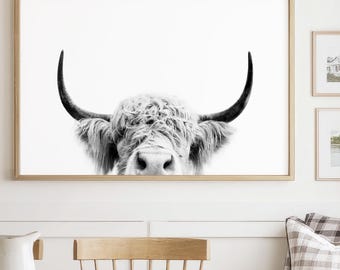 Black & White Highland Cow Wall Art | Modern Farmhouse Cattle Print, Neutral Boho Rustic Decor, Animal Photography, Ready-to-Hang