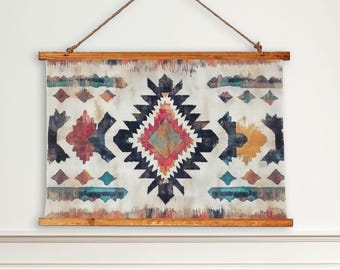 Southwestern Geometric Tapestry, Boho Wall Hanging, Vintage Textile Art, Large Country Rustic Wall Decor, Western Cowboy Style