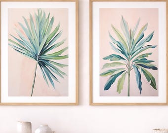 Set of 2 Matching Coastal Leaf Wall Art Prints, Giclée Tropical Plant Paintings, Botanical Wall Decor, Wood Framed or Unframed Beach Art