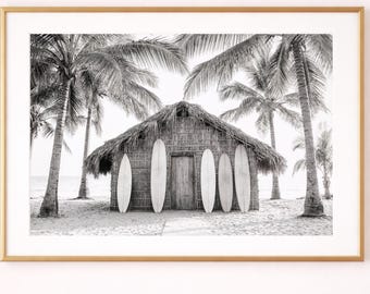 Coastal Surf Hut Wall Art Print, Beachy Apartment Decor, Neutral Palm Tree Photography, Surfer Room Aesthetic, Boho Coastal Bedroom Decor