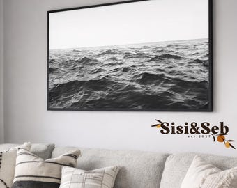 Oversized Black and White Ocean Wall Art, Extra Large Moody Wave Print, Minimal Coastal Statement Artwork, 36x48 framed print