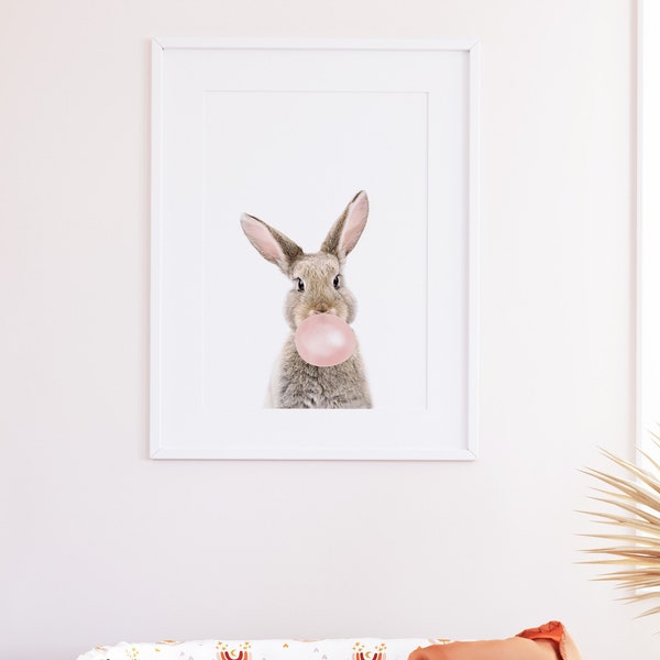 Bubble Gum Bunny FRAMED Print, Nursery Wall Art, Modern Illustration Prints, Peekaboo Animals