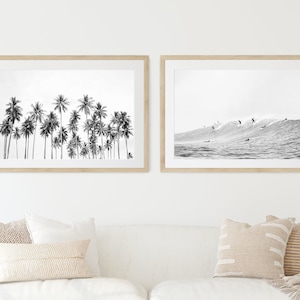Landscape Set of Black And White Surf Prints, Modern minimalist beach wall art, Palm Trees, Set of 2 prints, Framed photography set, Boho