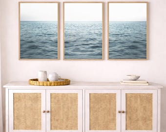 Extra Large Ocean Triptych Wall Art Set of 3, Coastal Sea Prints, Framed Giclee Artwork, Minimal Beach Art, Neutral Modern Statement Art