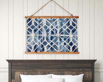 Indigo Shibori INSPIRED Wood Framed Tapestry, Japandi Wall Art, Large Boho Wall Hanging, Geometric Textile Art, Wabi Sabi Bedroom Decor