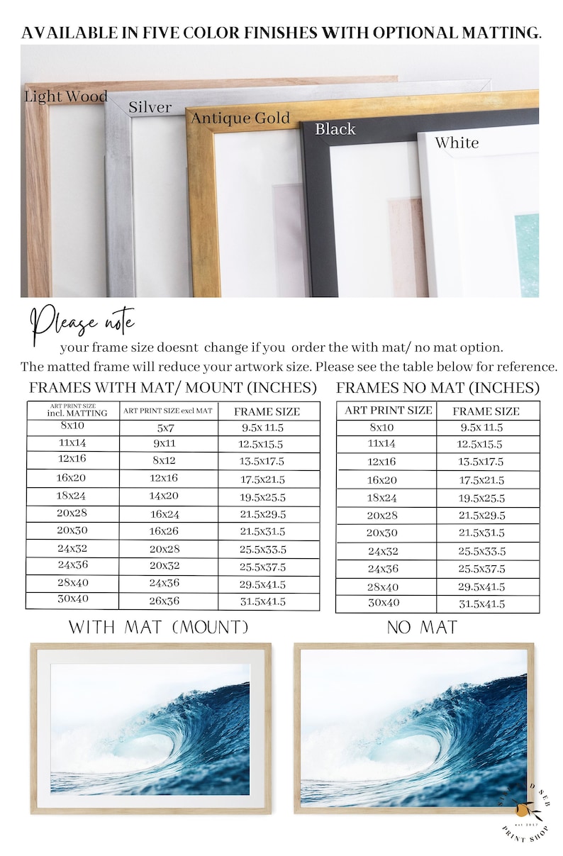 May include: A table showing frame sizes for artwork with and without a mat. The table includes measurements in inches for both the art print size and the frame size. The table is titled "Frames with Mat/Mount (Inches)" and "Frames No Mat (Inches)".