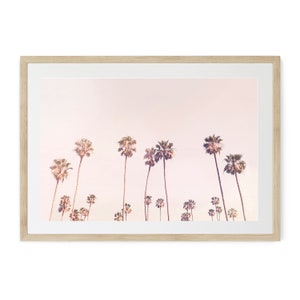 Arte mural de palmeras enmarcado, decoración rosa ruborizada, palmeras soleadas de California, vidrio acrílico