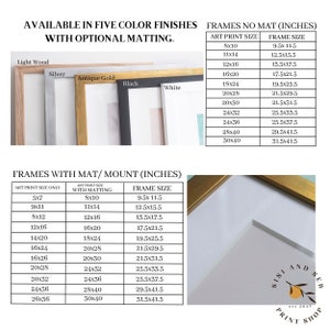 May include: A chart showing different frame sizes for art prints with and without matting. The chart is divided into two sections: "Frames No Mat (Inches)" and "Frames With Mat/Mount (Inches)". The chart lists the art print size and the corresponding frame size in inches.