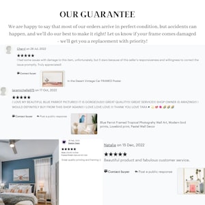 May include: A collage of customer reviews for a shop selling framed prints. The reviews are positive and highlight the quality of the prints, the customer service, and the shop owner's responsiveness. The reviews are accompanied by images of the prints, including a blue parrot, a desert vintage car, and a cow skull.