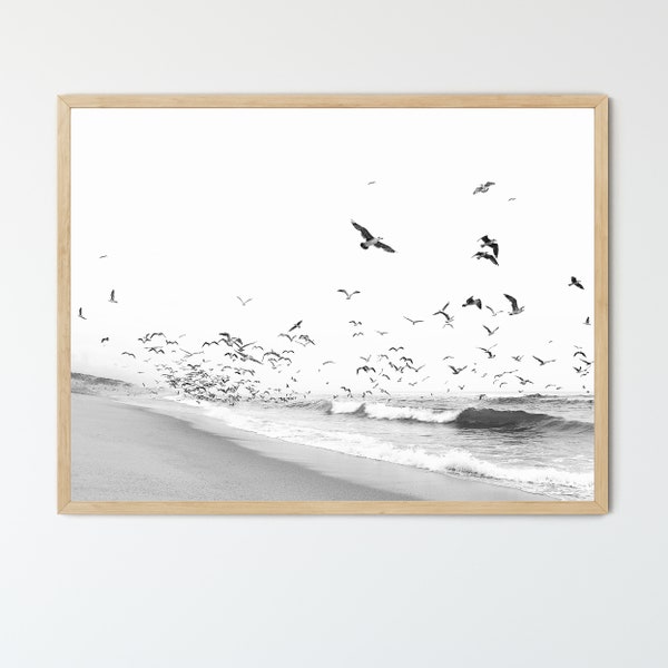 FRAMED Seascape Poster, Beach Photography, Sea and birds Print, Ocean Wave Print, Large Frame