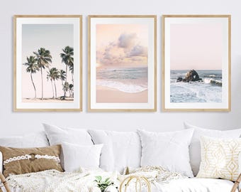 Framed Giclee Tropical Coastal Matching Set of Prints, Minimalist Beach Art, Neutral Ocean Landscape, Earthy Summer Decor,Rustic Seaside Art