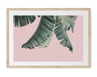 Blush Pink Tropical Leaf Print, Banana Leaf Botanical Wall Art, beach decor, Coastal cottage, coastal cowgirl, Green Pink, Framed Unframed