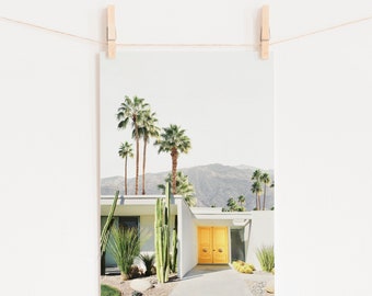 Palm Springs Architecture Print, Unframed Art, Yellow Vintage Door, Modern Mid-century, Retro Photography, Palm trees Print