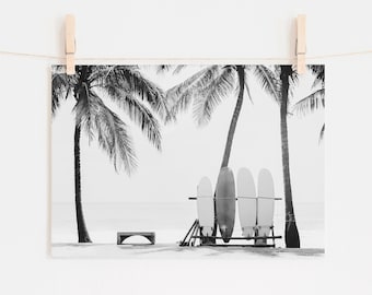 Hawaii Art Print, Surfboards Print, Unframed Art, Black And White Photography, Surf Art, Beach Decor, Palm Tree Wall Art