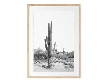 Black And White Desert Cactus Framed Print, Boho Wall Art, Large Framed Art, Natural Wood Frame