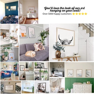 May include: A collage of images showcasing various wall art prints in different home settings. The prints feature a variety of styles, including abstract, animal, and botanical designs. The images highlight the versatility and aesthetic appeal of wall art in enhancing home decor.