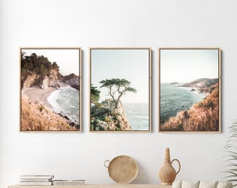 California Coast Canvas Set, Neutral Coastal Decor, Framed Canvas Art, Three Canvas Extra Large Prints , Big Sur, McWay Falls, Monterey Bay