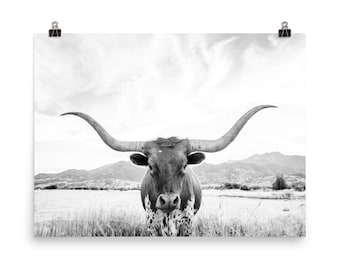 Longhorn Print, Art to Frame, Printed Art, 24x36 Print, Boho Art, Living room Decor, Cow Prints, Texas Longhorn, Black And White, Animal