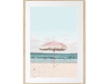 Beach Wall Art Photography Print of a Pink Umbrella, Modern Beach Decor, Fine Art Giclee Prints, Italy Coastal Print, Unframed/ Framed