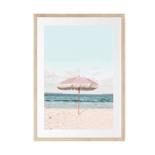 Beach Wall Art Photography Print of a Pink Umbrella, Modern Beach Decor, Fine Art Giclee Prints, Italy Coastal Print, Unframed/ Framed