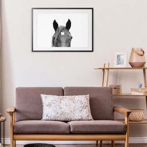 May include: A black and white photograph of a horse's head in a black frame hanging on a white wall above a brown couch with a patterned pillow. The couch is in a living room with a wooden shelf and a vase on the shelf.