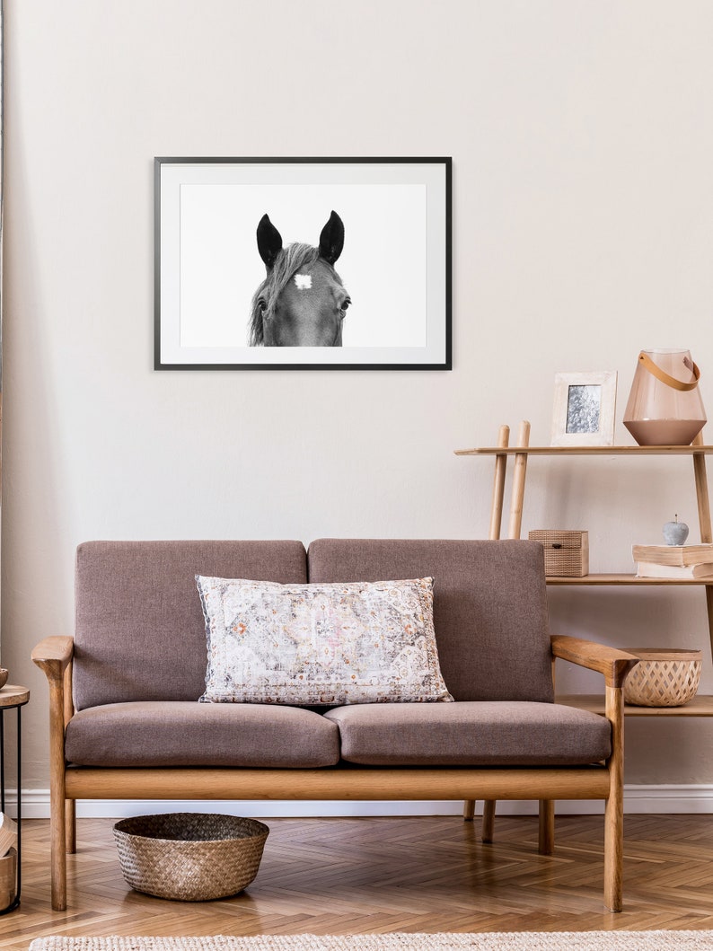 May include: A black and white photograph of a horse's head in a black frame hanging on a white wall above a brown couch with a patterned pillow. The couch is in a living room with a wooden shelf and a vase on the shelf.
