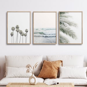 Beach Print Set, UNFRAMED ART, Minimalist Beach Art, Neutral Wall Art, Sea Prints, Ocean Poster, Sea Waves, Blue and Beige, Palm Leaves