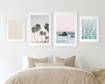 Juego de 4 impresiones costeras en rosa ruborizado: impresiones playeras neutras de 40,6 x 50,8 cm y 50,8 x 71,1 cm, galería enmarcada y sin marco, decoración oceánica en tonos pastel, obra de arte de casa de playa.