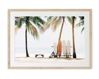 Ingelijste kunst aan de muur surfplank, ingelijste strandkunst, landschap wanddecor, surfer cadeau, grote ingelijste muurkunst, Hawaii kinderdagverblijf decor