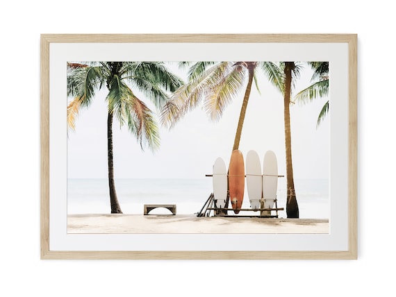 Framed surfboard wall art, Framed Beach Art,  Landscape wall decor, Surfer Gift, Large Framed Wall Art, Hawaii Nursery Decor