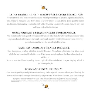 Peut inclure: Texte sur fond blanc pr&eacute;sentant des services d'encadrement d'art. Le texte met en avant un encadrement sans stress, une qualit&eacute; mus&eacute;e, une livraison s&ucirc;re et des options d'accrochage adapt&eacute;es aux dortoirs. Avec une branche d'olivier d&eacute;corative.