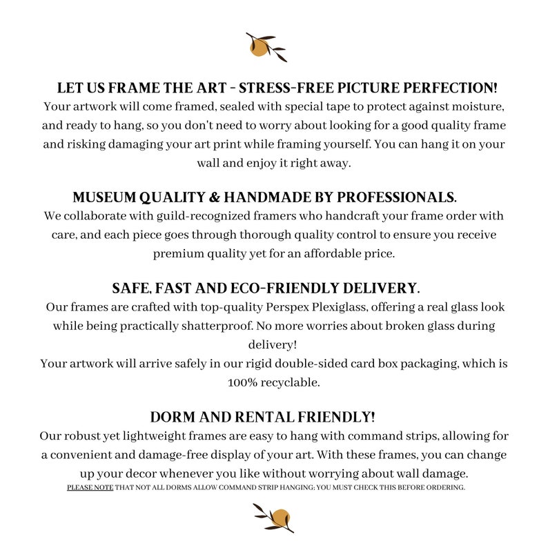 Peut inclure: Texte sur fond blanc pr&eacute;sentant des services d'encadrement d'art. Le texte met en avant un encadrement sans stress, une qualit&eacute; mus&eacute;e, une livraison s&ucirc;re et des options d'accrochage adapt&eacute;es aux dortoirs. Avec une branche d'olivier d&eacute;corative.