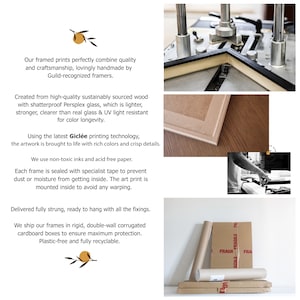 May include: A framed print with a black frame and a white mat. The print is mounted inside the frame and is protected by a clear, shatterproof Persplex glass. The frame is made from sustainably sourced wood and is ready to hang with all the fixings. The print is packaged in a double-wall corrugated cardboard box for maximum protection.