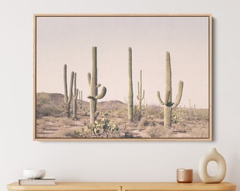 Desert Cactus Wall Art, Modern Boho Stretched Canvas, Blush Pink Decor, Framed canvas Wall Art, Desert Canvas, Gold Framed Canvas