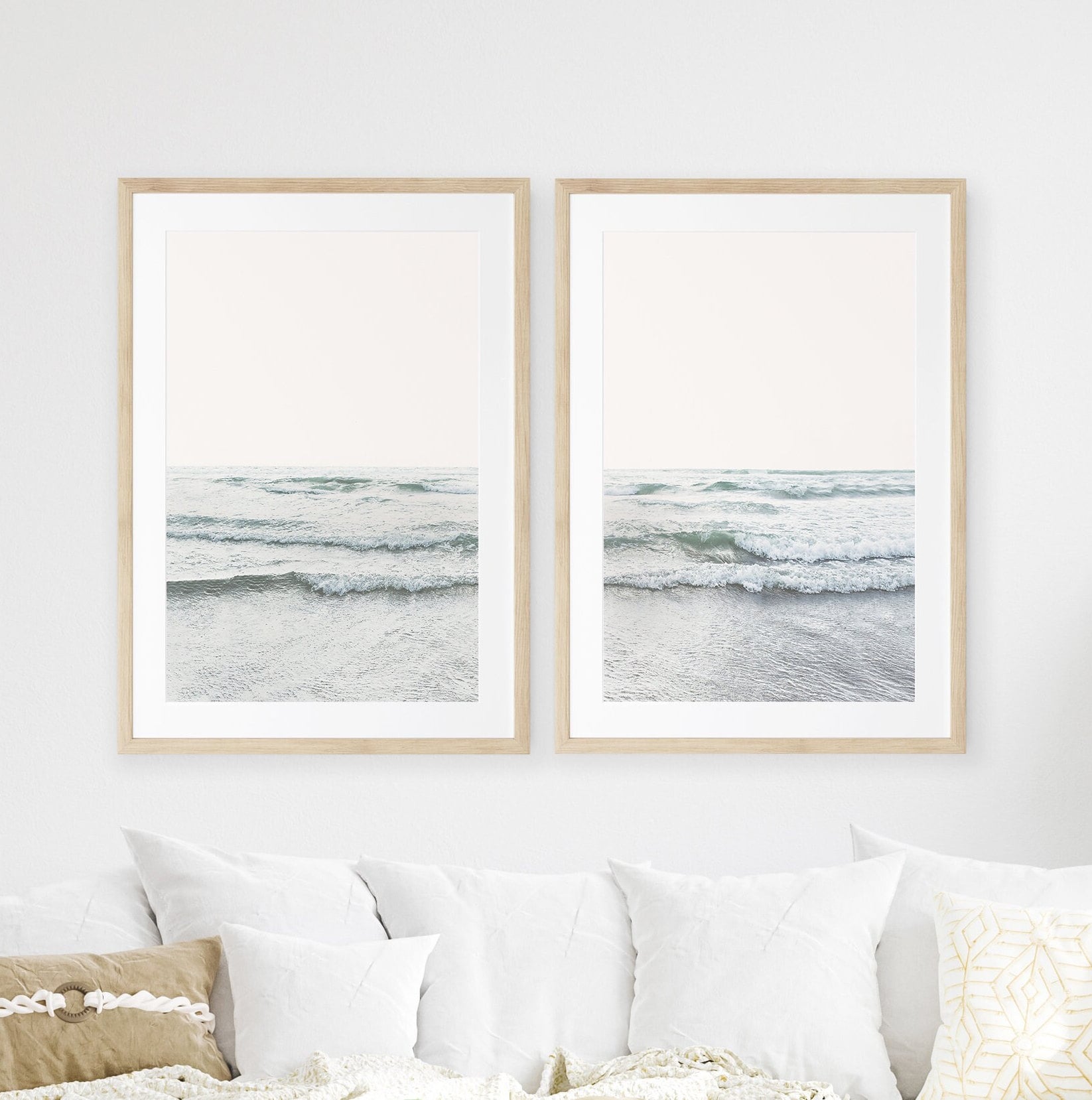 INGELIJSTE set oceaanafdrukken, rollende golven kunst aan de muur, modern strandhuis decor, minimalistische fotografie