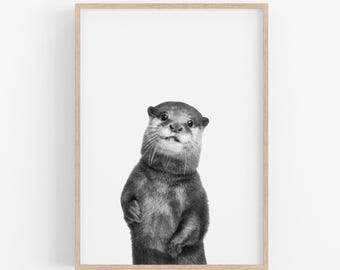 Funny Otter Wall Art, Black and White Animal Photography Print, Cute Otter Portrait