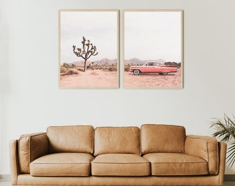 FRAMED In the desert Art Print, Set Of Desert Prints, Coral Vintage Car, Boho Decor