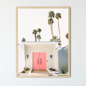 Arte mural enmarcado Pink Door Palm Springs, fotografía de California, arte moderno de mediados de siglo, impresiones fotográficas, palmeras de California