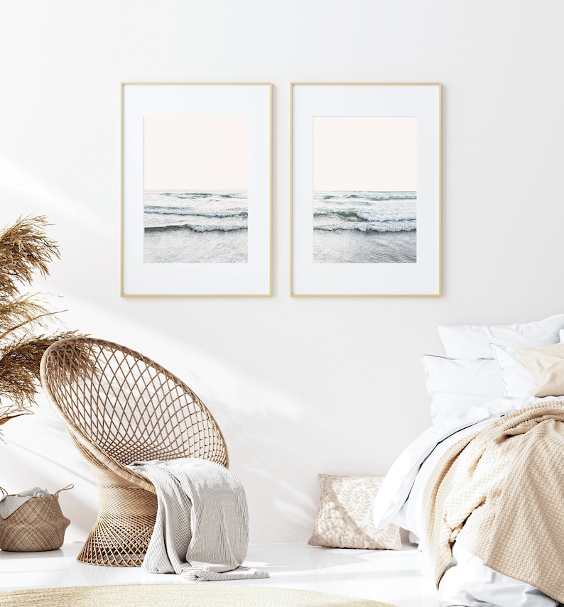 (20 x 30) Minimalist Ocean Prints Set, Beach Wall Art, Set of two Unframed Art Prints