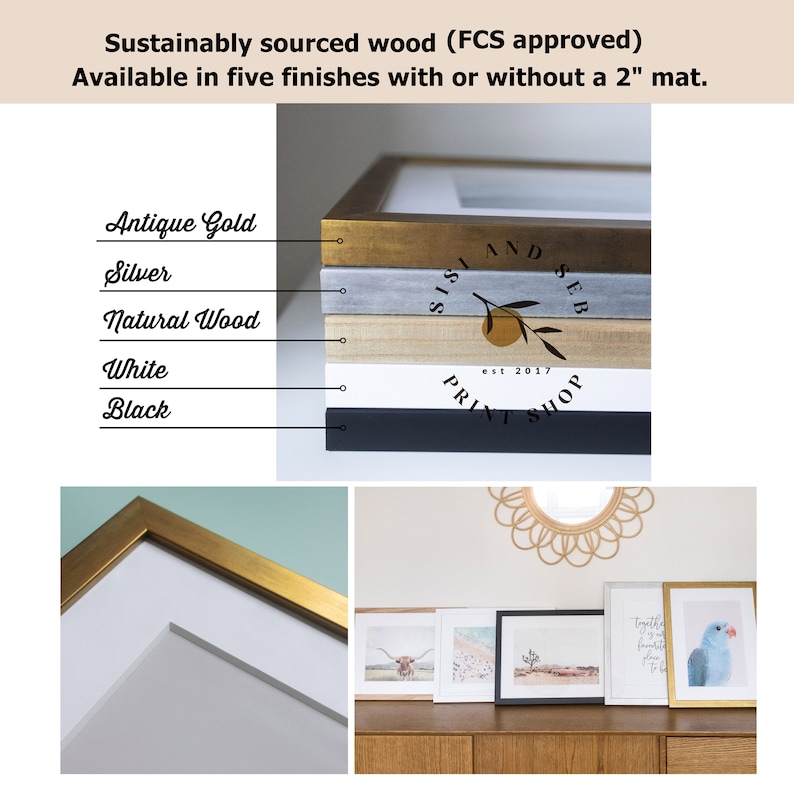 May include: A close-up of a wooden picture frame with a variety of finishes, including antique gold, silver, natural wood, white, and black. The frame is labeled "Sisi and Seb Print Shop est 2017".