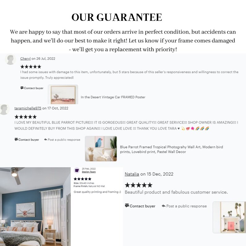 May include: A collage of customer reviews for a shop selling framed prints. The reviews are positive and highlight the quality of the prints, the customer service, and the shop owner's responsiveness. The reviews are accompanied by images of the prints, including a blue parrot, a desert vintage car, and a cow skull.