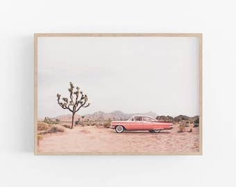 UNFRAMED Print Coral Vintage Car Joshua Tree Desert, Modern Joshua Tree desert Art, 70's retro decor