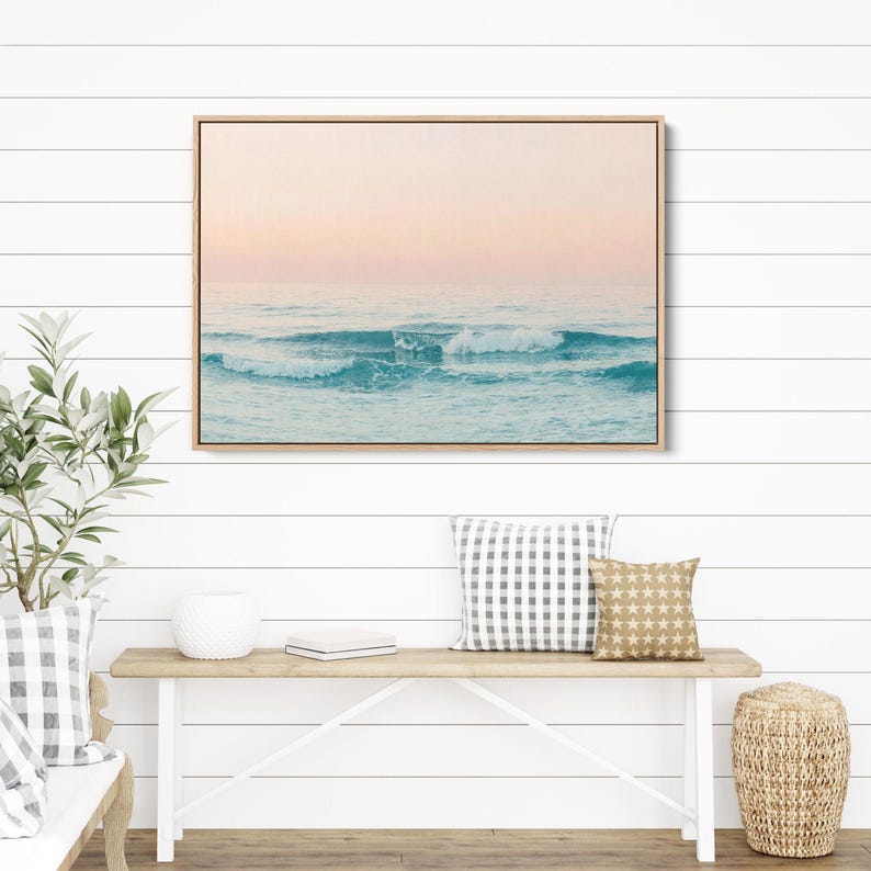 Framed Ocean Canvas, Modern Seascape Stretched Canvas, Coastal Canvas Wall Decor, Framed canvas Wall Art, Beach Canvas, Gold Framed Canvas 画像 1