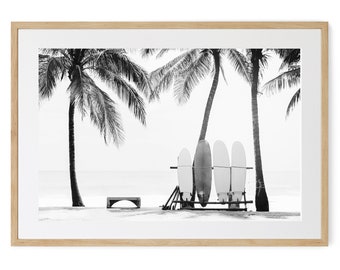 Framed surfboard wall art, ( acrylic glass), landscape wall decor, black and white beach photography